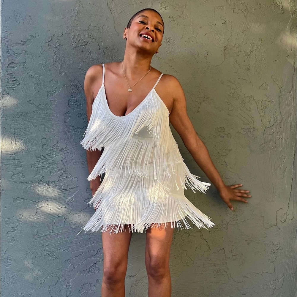 Deep V-Neck Fringe Mini Dress - White